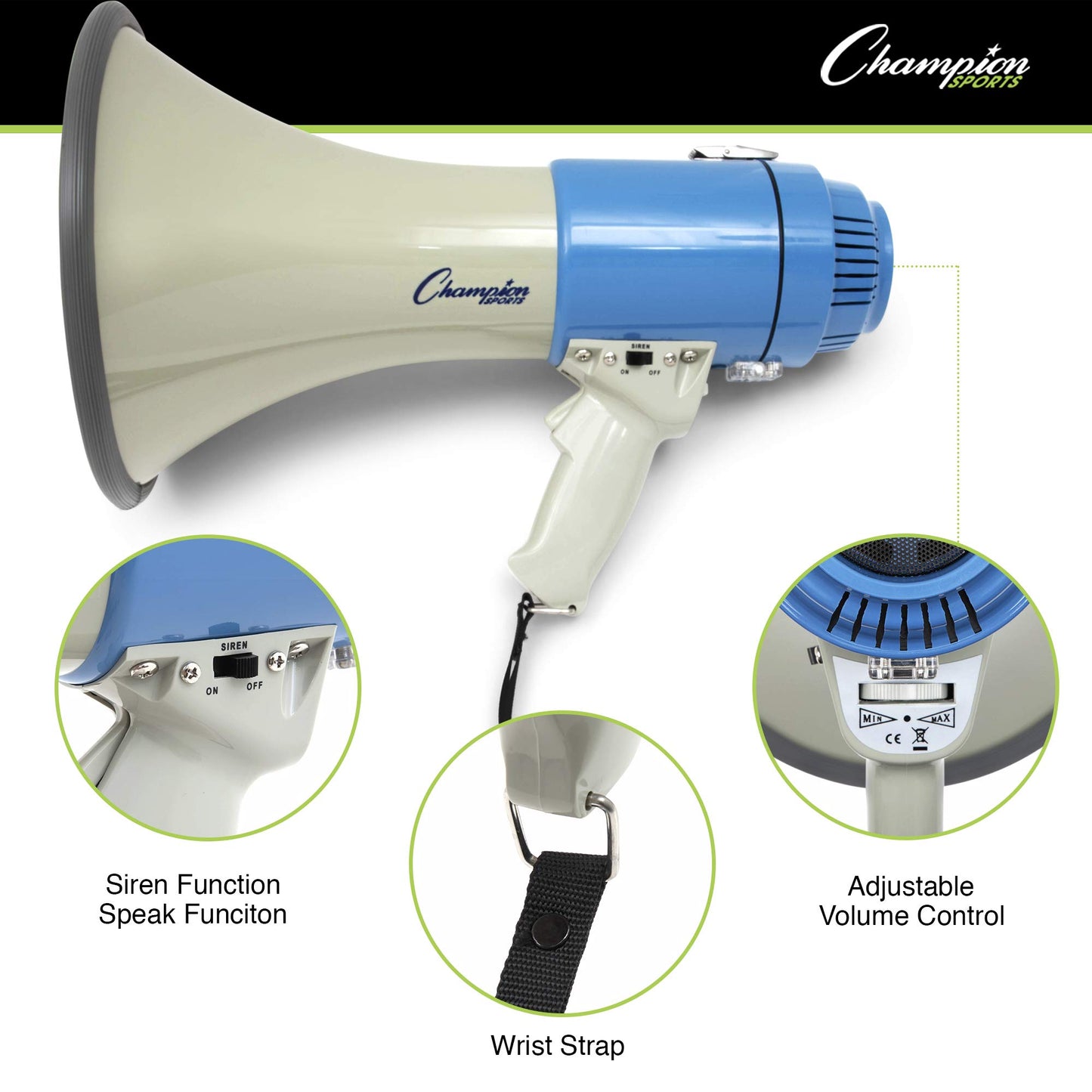 Champion Sports Megaphone with Siren,Wrist Strap,1200 Yard Range-Powerful Bullhorn Loudspeaker with Adjustable Volume Control for Sport Events,Crowd Control,12 watts(white&blue),1 Size,MP12W