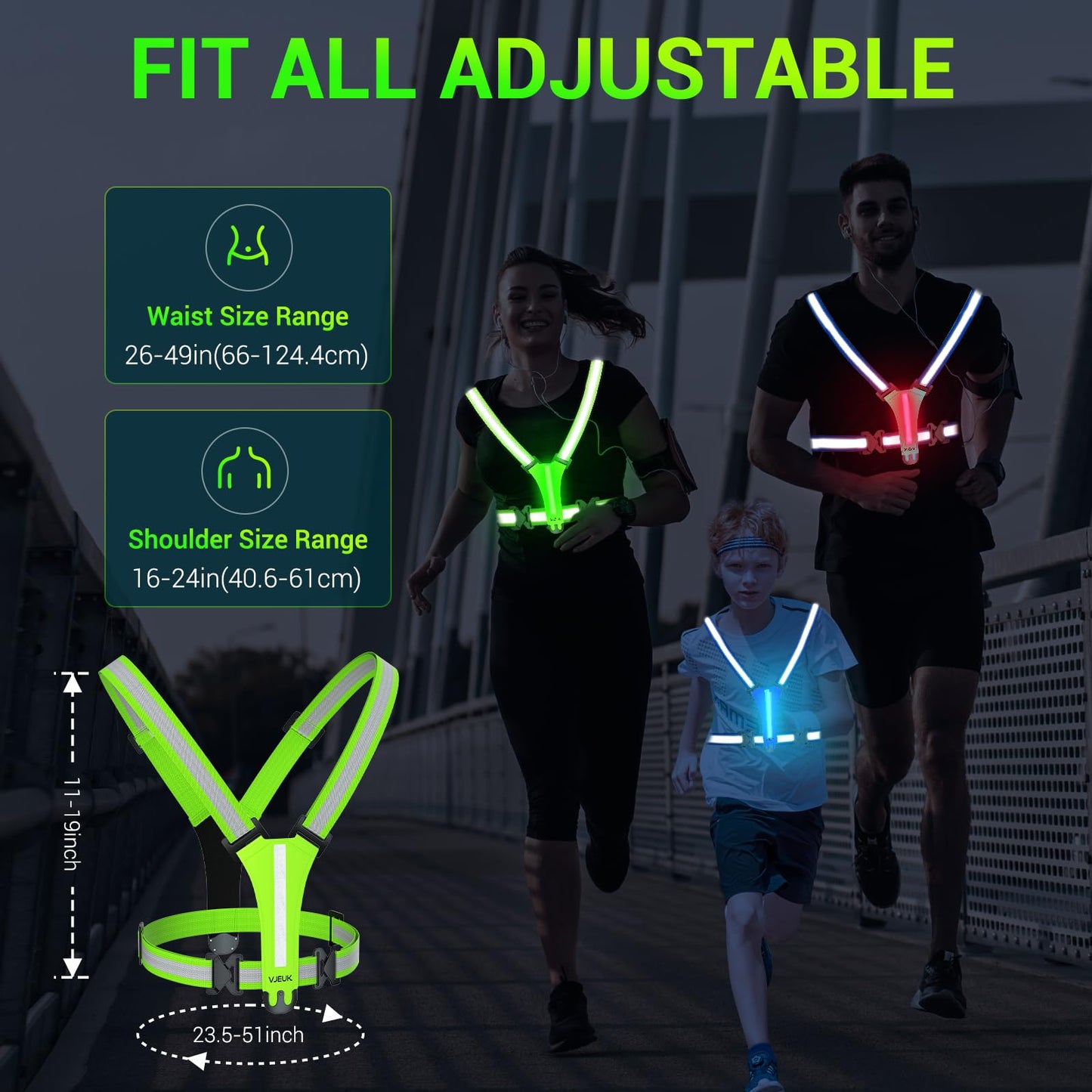 VJEUK Led Reflective Vest Running Gear，7 Lights Colors Light Up Running Vest, Rechargeable High-Visibility Adjustable Vest for Running, Cycling, and Night Activities（Green）