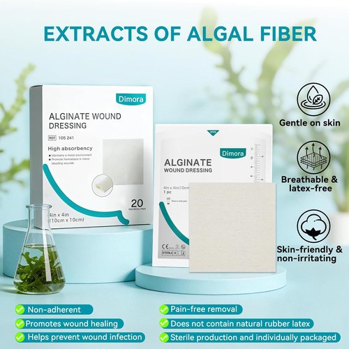Dimora Calcium Alginate Wound Dressing - Soft, Highly Absorbent 4'' x 4'' Sterile Bandages | 20 Pack Non-Stick Gauze