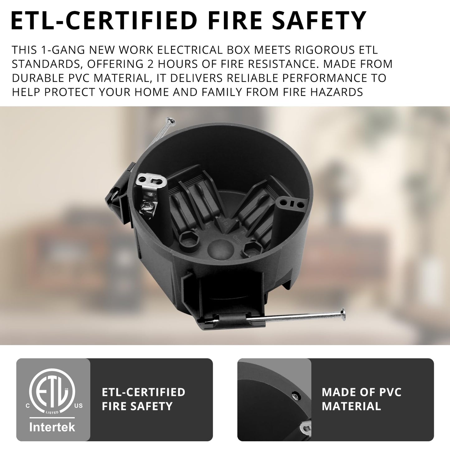 YQMIGU New Work 4" Dia Round Ceiling Nail Electrical Black Box 1-Gang, Home Improvement PVC Electrical Junction Black Box, ETL Listed, 20 Cubic Inch, Suitable for Residential Renovation(2 Pack)