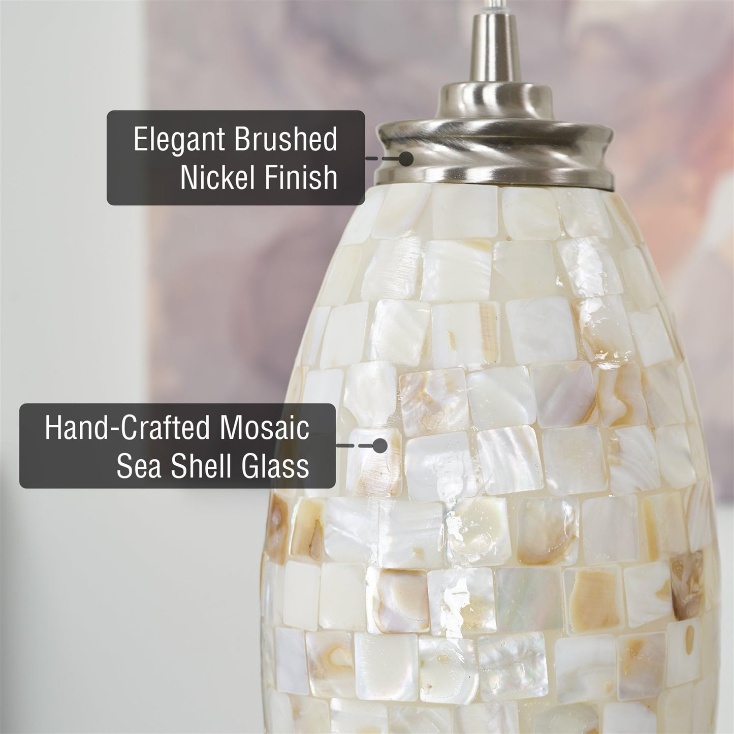 Kira Home Coast 9" Modern Oval Mini Pendant Light + Hand-Crafted Mosaic Sea Shell Glass, Brushed Nickel Finish/Neutral Color