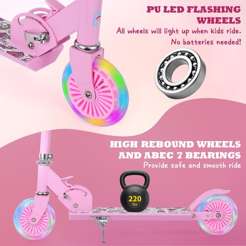 LEADER RIDER Scooters for Kids 3+ with Led Light Up Wheels, Lightweight Foldable Kids Kick Scooters for Girls(Pink)