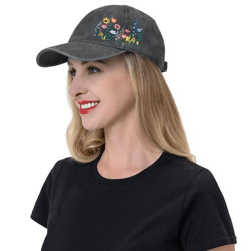 Cute Flower Hat, Elegant Floral Embroidered Adjustable Baseball Cap for Men Women, Gifts for Flower Lovers, Black