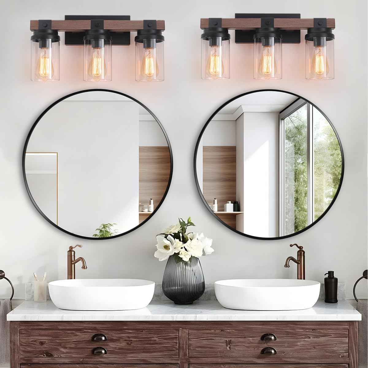 Farmhouse 2-Light Vanity Lights for Bathroom - Rustic Black Wood & Glass Sconces