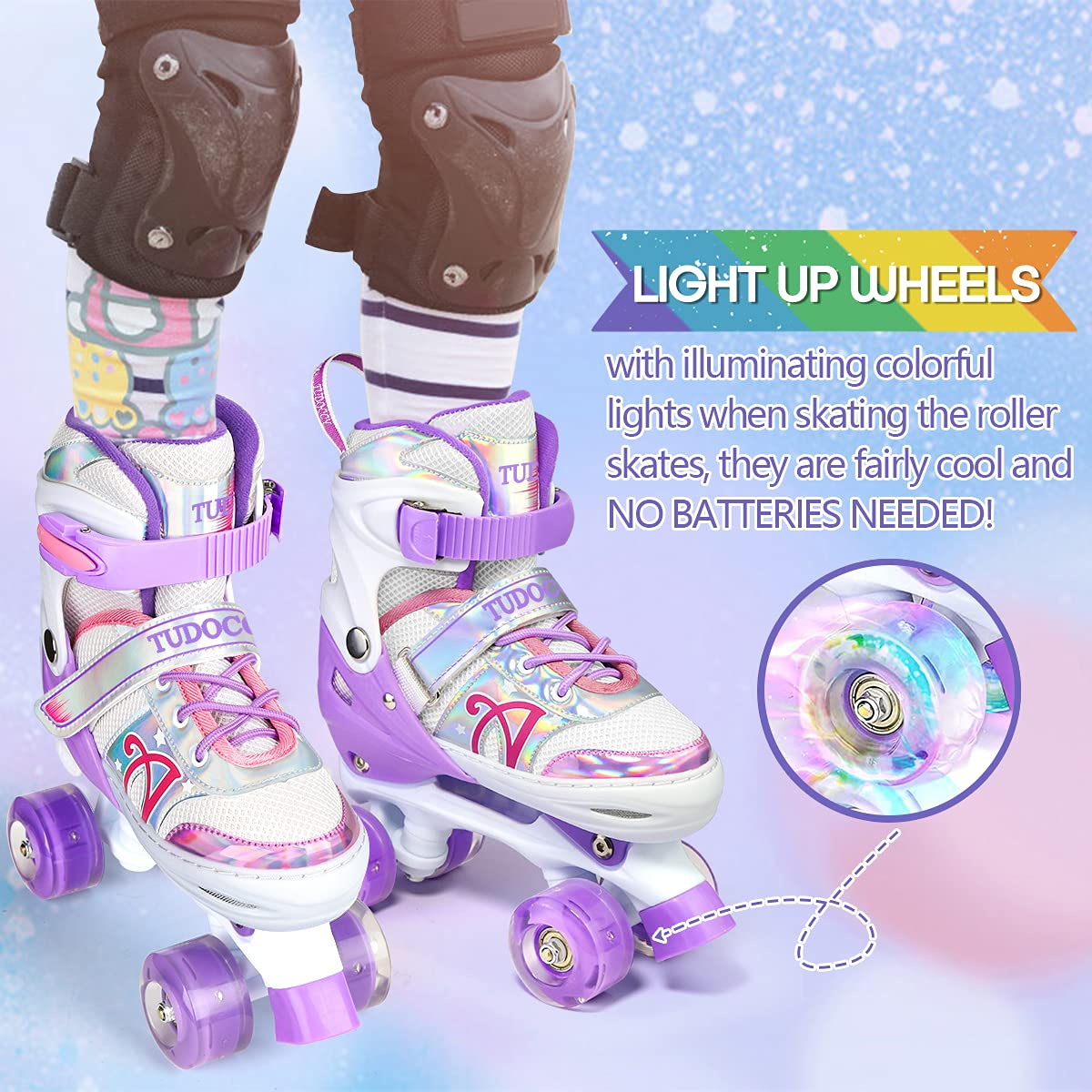 Roller Skates for Kids, Shine Skates 4 Size Adjustable Roller Skates with Light up Wheels for Girls, Teens, Outdoor Rollerskates for Beginners & Advanced | Purple, S - 10C-13C (Small, Purple)