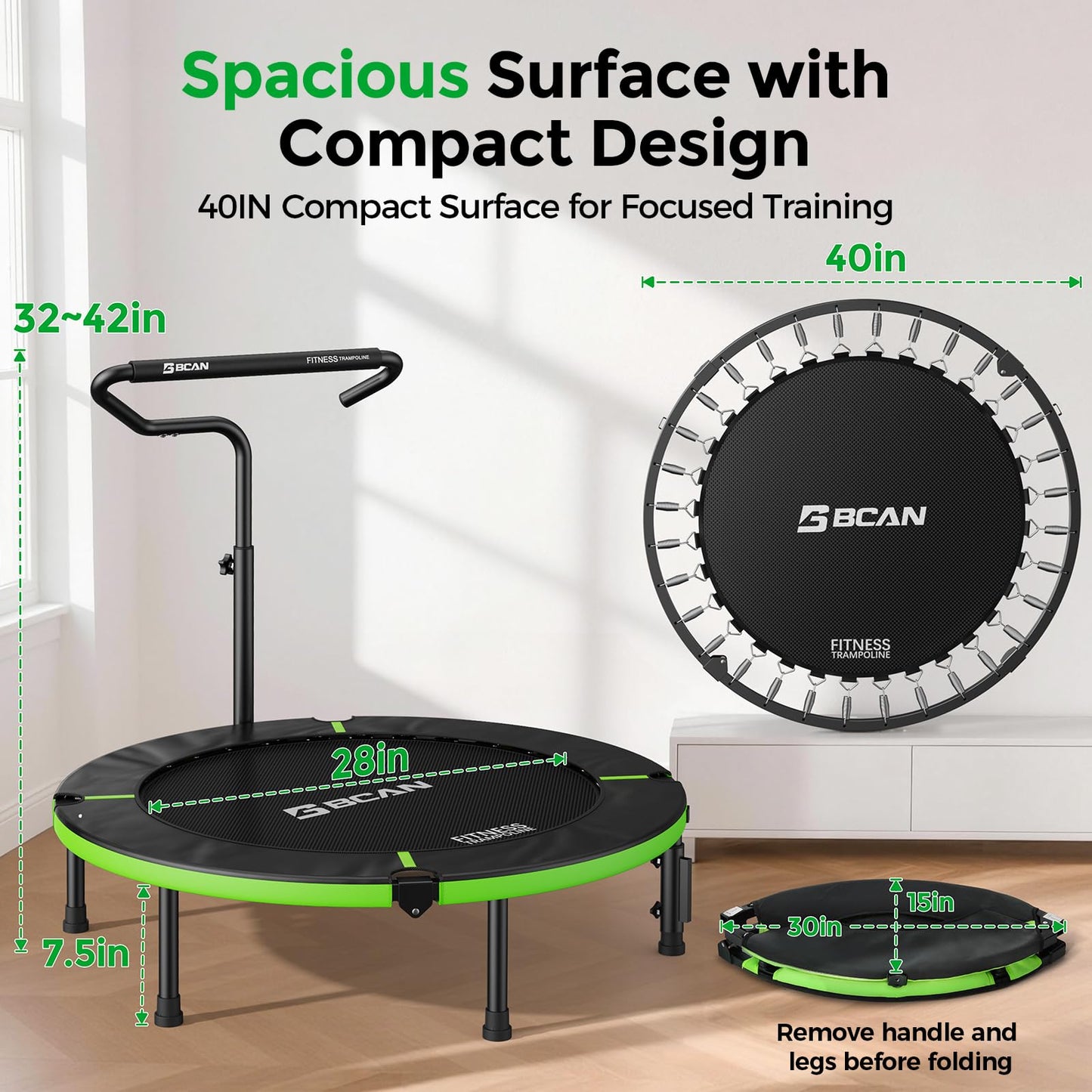 BCAN SP3 40"/48" Foldable Mini Trampoline, Rebounder Trampoline for Adults, U/T Adjustable Foam Handle, Exercise Rebounder for Adults Indoor/Garden Workout, Max Load 330lbs/440lbs-40T-Green