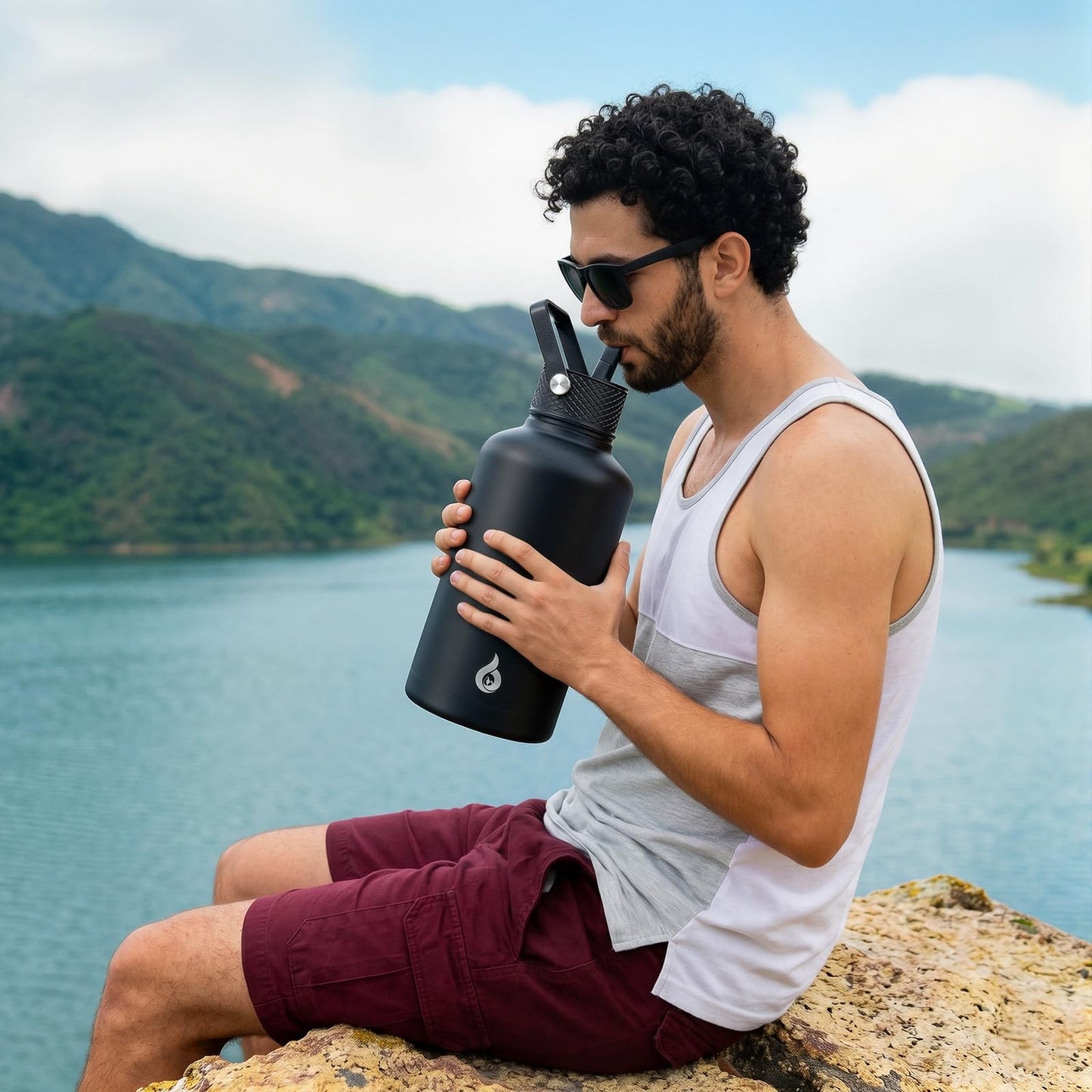 BJPKPK Half Gallon Insulated Water Bottles with Straw Lid, 64oz Large Water Jug, Stainless Steel Bottles with 3 Lids and Paracord Handle, Thermo for Hot & Cold Liquid, Black