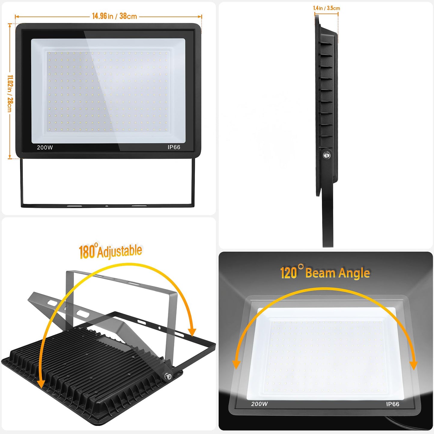 200W LED Flood Light Outdoor, 2Pack 20000LM Super Bright, IP66 Waterproof Outside Work Lights, 6500K Daylight White Security Lights