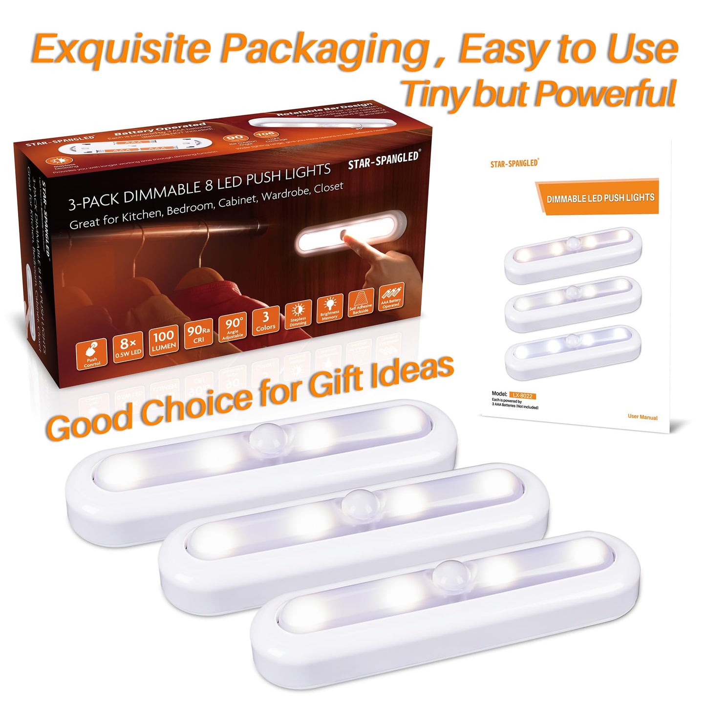 STAR-SPANGLED 3 Pack 7” Dimmable Push Tap Lights, Stick on LED Touch Lights AAA Battery Operated for Kitchen, Closet, Under Cabinet, 3 Color Modes