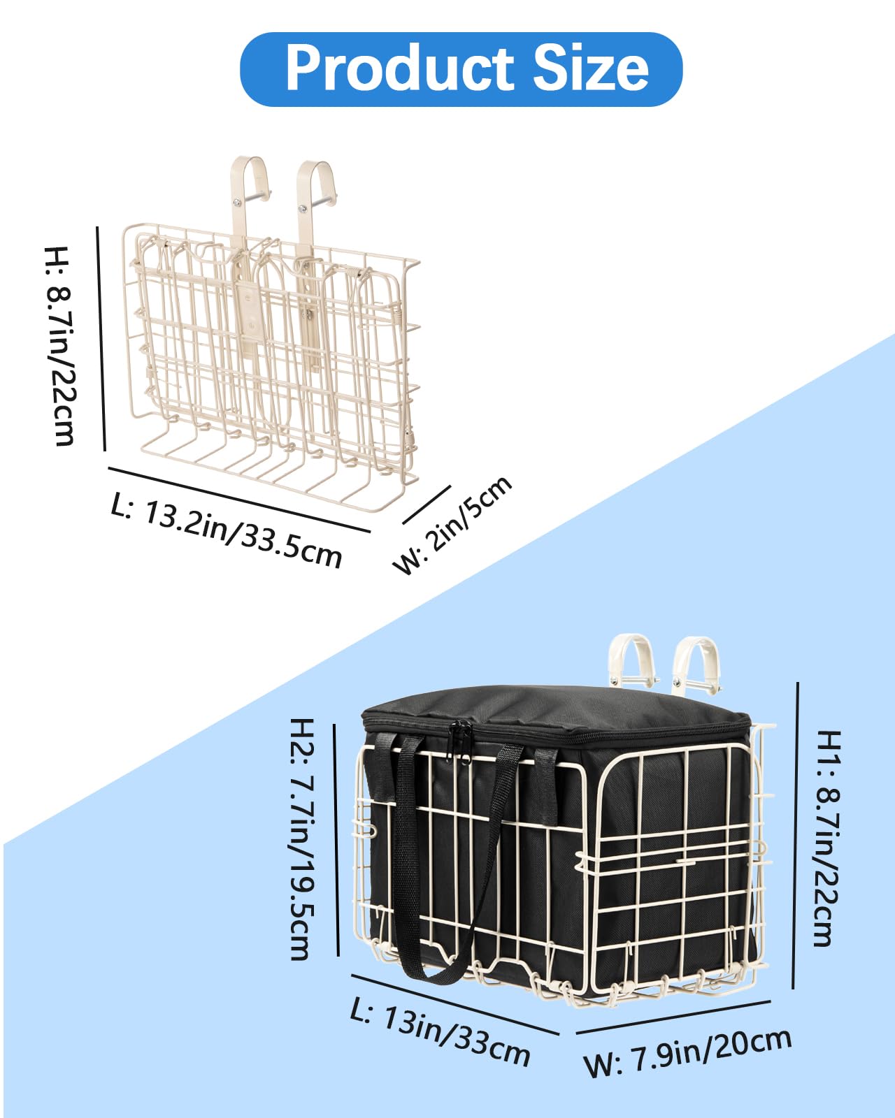 Zacro Bike Basket Front White, Folding Bicycle Basket with Removable Liner Bag, Large Quick Release Design Metal Ebike Basket for Adult Women/Men Carrying Dogs, Pets, Fruit & Grocery