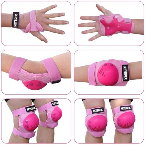 KEYSDEX Kids Protective Gear Set - 6-Piece Knee Elbow Wrist Pads for Ages 3–7,Safety Equipment for Skate&Skateboarding,Roller Skates,Cycling,BMX Bike,Inline Skating,Scooter Riding,Snowboarding Pink S