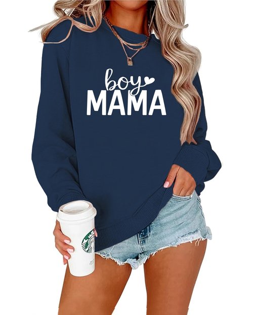 YHHR Mama Sweatshirts for Women Boy Mom Letter Print Long Sleeve Pullover Casual Crew Neck Fall Blouse Tops Blue