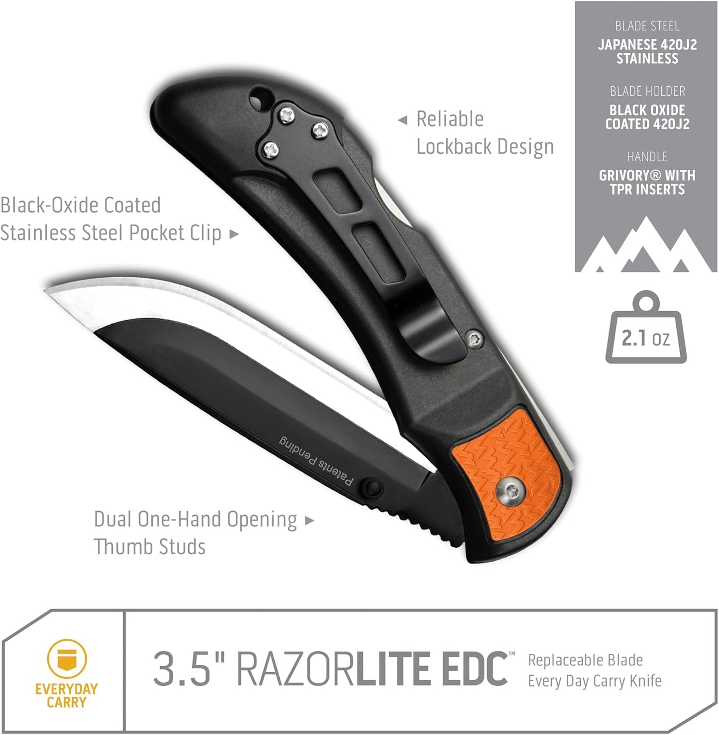 RazorLite EDC Pocket Knife 3.5” - Obsidian Black, Replaceable Blades & Clip for Camping, Hunting, Survival
