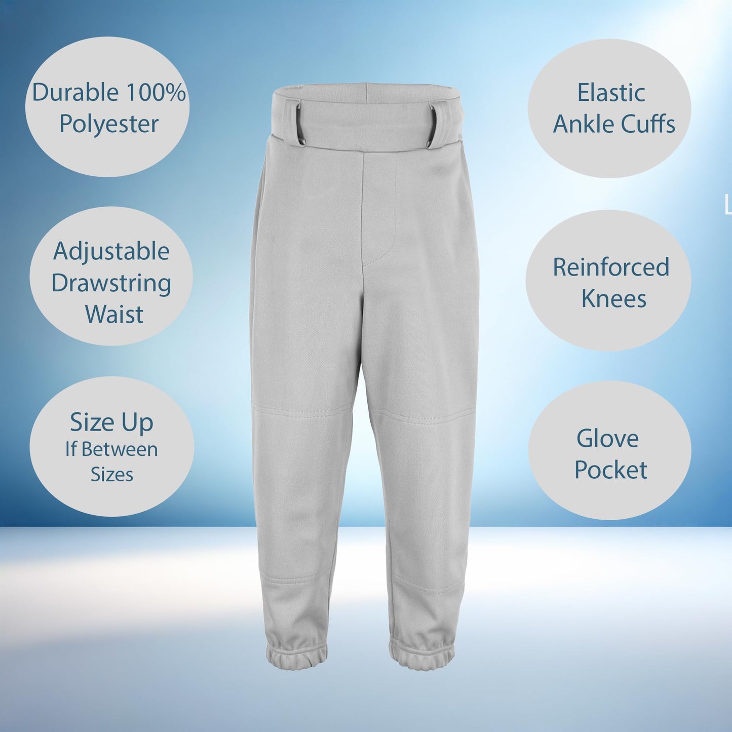 OG1 Slim Fit Youth Pull-Up Premium Baseball Pant | 100% Polyester | Full Length | Elastic Bottom | Drawstring Closure | Belt Loops Gray
