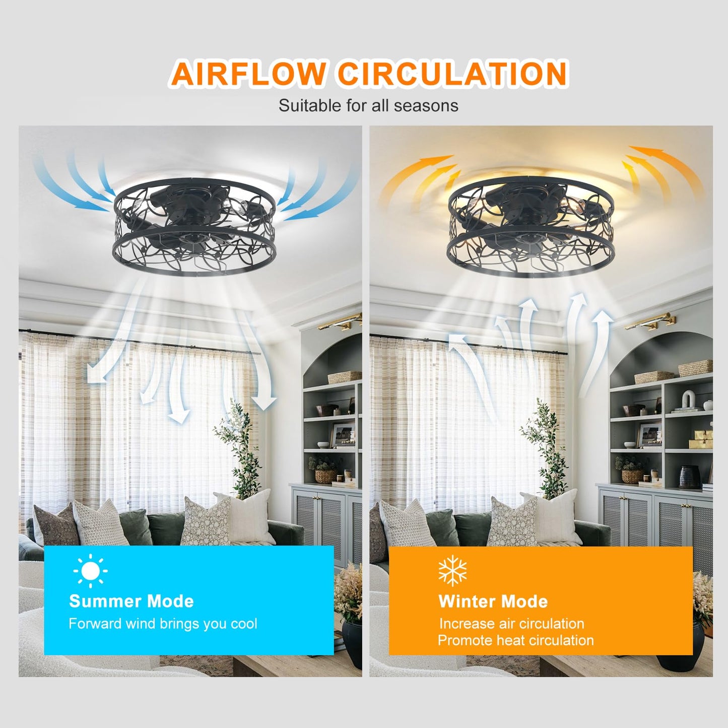 Garwarm 18in Caged Ceiling Fan with Light,Rustic Farmhouse Ceiling Fans with Lights and Remote,Bladeless Black Fandelier Ceiling Fan,Small Flush Mount Ceiling Fan for Kitchen, Bedroom（6 Speed, Timing）