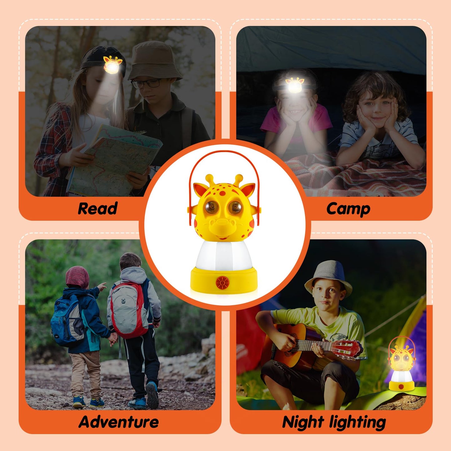 VIHOSE 2 Set Kids LED Camping Lantern and Headlamp 4 Pcs Animal Themed Camping Equipment Nightlight Battery Powered Night Light for Emergency Hurricane Lightweight Tent Lamp for Children(Dog, Giraffe)