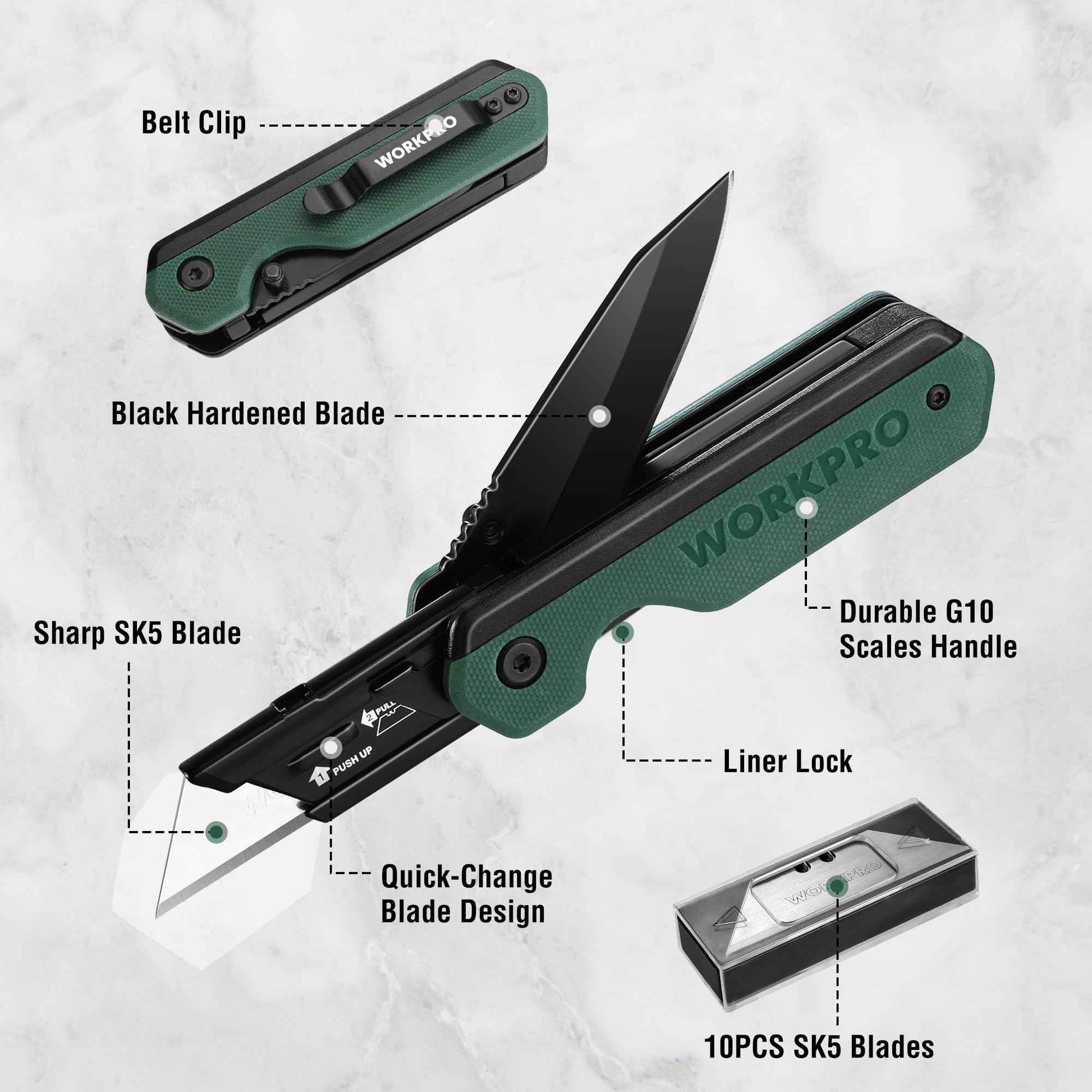 WORKPRO 2-in-1 Folding Knife/Utility Knife, Quick-Change Box Cutter with Belt Clip, Liner Lock, and G10 Handle, Extra 10 SK5 Blades Included, Green