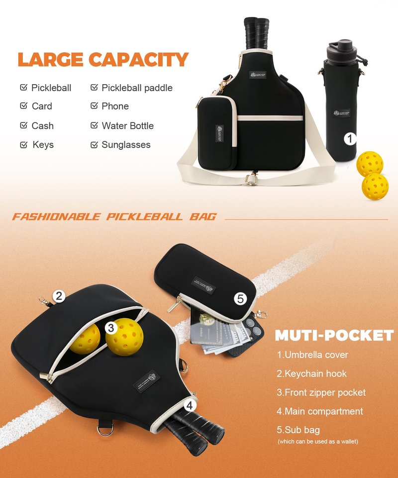 Pickleball Bag Adjustable Crossbody Bag lightweight Pickle Ball Paddle Bag Equipment Single Racket Bag- Holds Paddles, Balls, Accessories with Water Bottle Bag and wallet for Men and Women (Green)