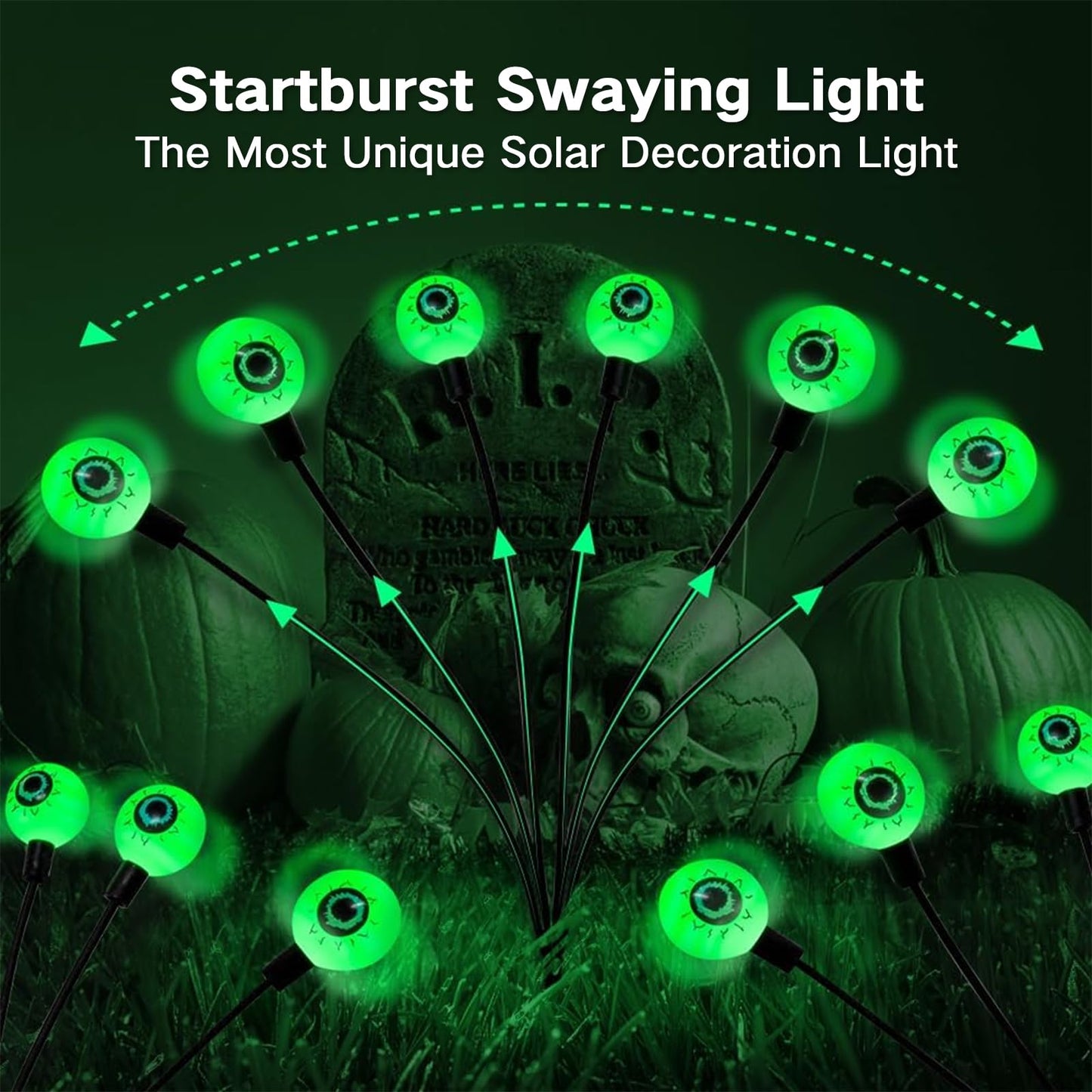 cyindzchwy Solar Halloween Decorations - 2 Pcs Scary Green Eyeball Lights, Waterproof Swaying Firefly Lights for Yard, Garden, Lawn, Party