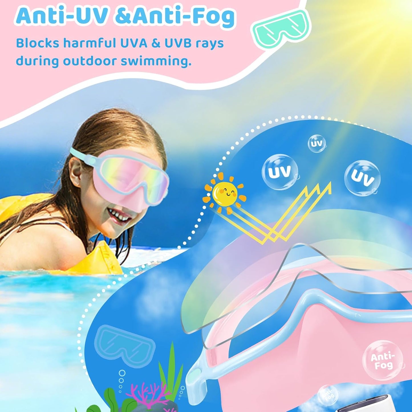Vvinca Kids Swim Goggles - Anti-Fog UV Protection & Nose Cover | 2 Pack for Ages 3-14