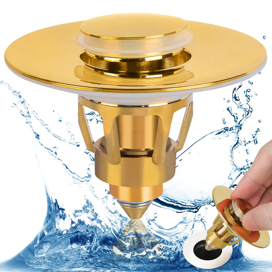 Three colors Bathroom Sink Stopper, 1.1-1.5" Bathroom Sink Drain Strainer, Universal WashBasin Pop Up Drain Stopper, Bounce Core Push Type Sink Plug, Anti-Clogging, Stainless Steel (Gold,1PCS)