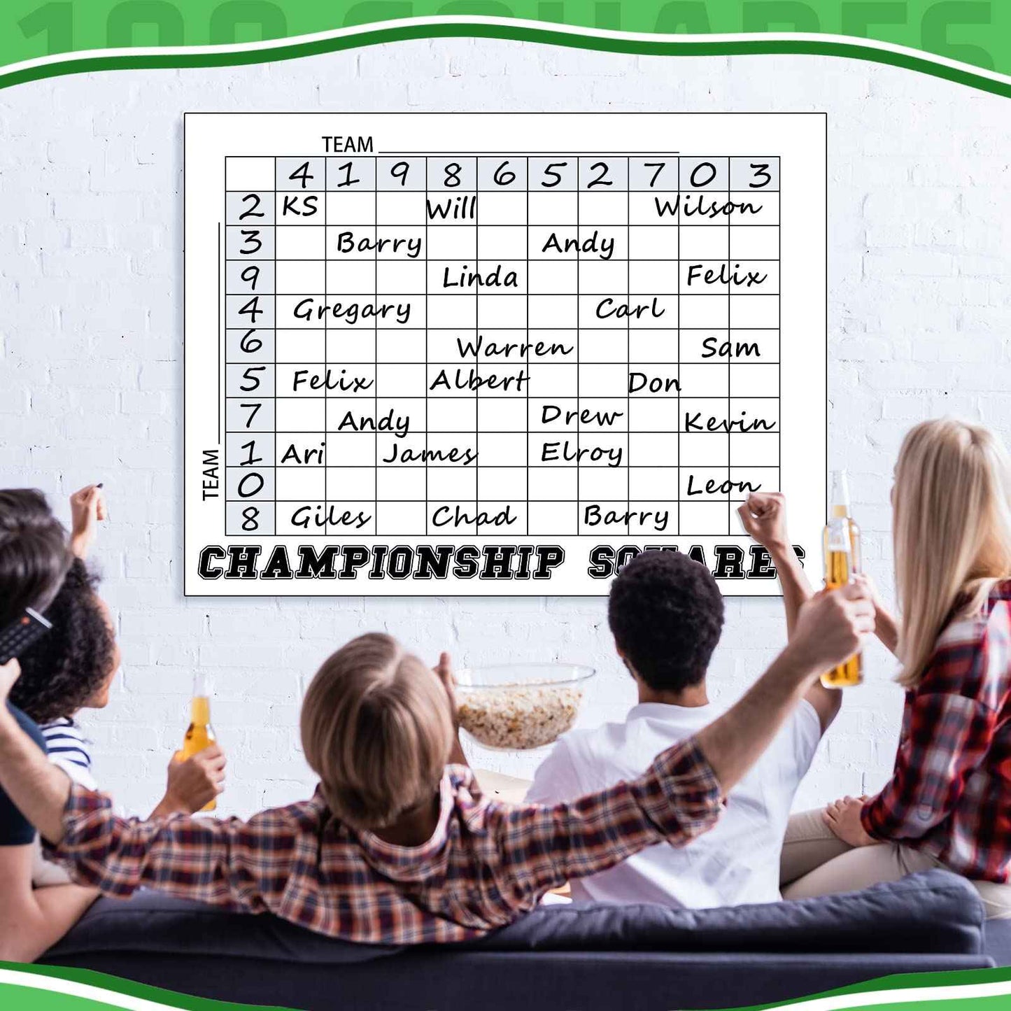 100 Football Squares Board Dry Erase Office Pool Game Set - 24 x 36 Inch Score Record Poster with Dry Erase Pen and Cleaning Cloth, Ideal for Sport Party Decorations
