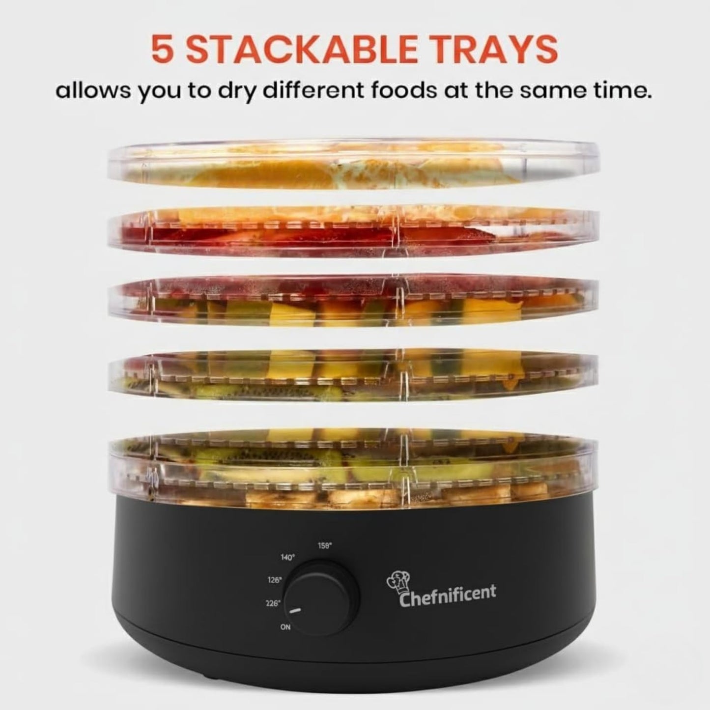 Food Dehydrator DryMax 280 – 5 Tray Adjustable, BPA-Free – 4-Hour Quick Drying, Even Heat, Easy Temp Control – Fruit, Veggie, Meat Jerky Maker (Black)