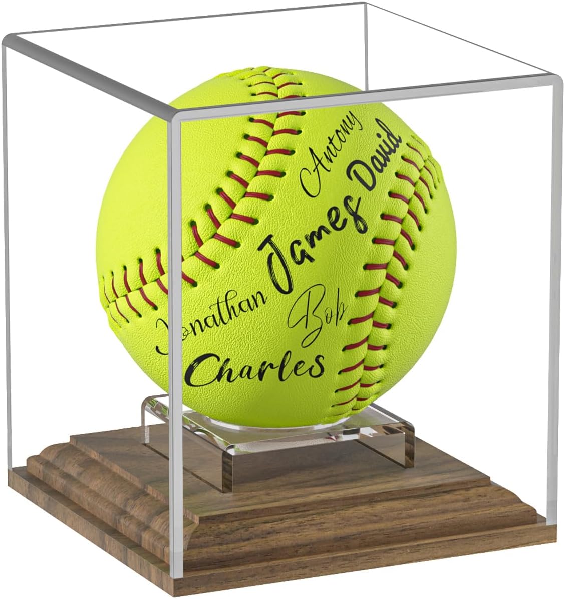 Skiennix Softball Display Case - Acrylic Holder with Walnut Wood Base for Official Size Balls