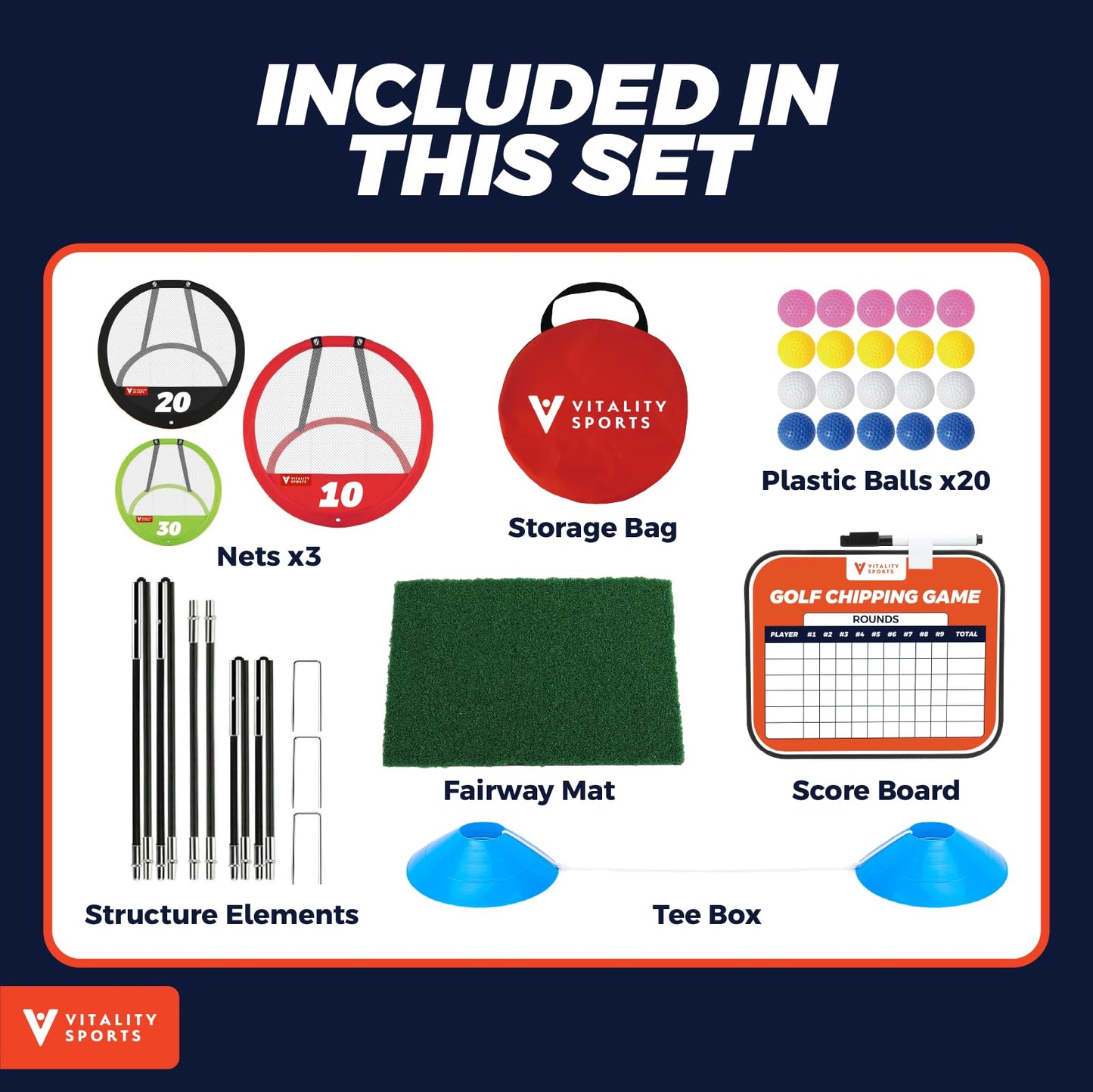 Vitality Sports Golf Chipping Net, 3PCS Pop-Up Golf Practice Net for Backyard, Indoor Outdoor Chipping Game with 3 Targets, 1 Hitting Mat, 20 Balls, Tee Box, Golf Gift for Men