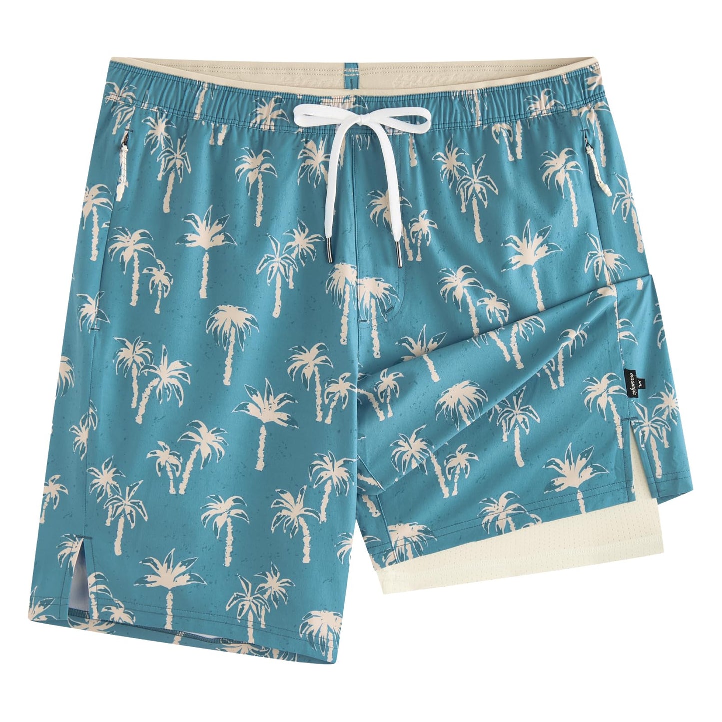 maamgic Mens Swim Trunks 9" with Zipper Pockets, Quick Dry Board Shorts, 4-Way Stretch Compression Lined Bathing Suits, Effortless Flex for Beach, Vacation, Cruise Coconut Tree Gradient Blue Medium