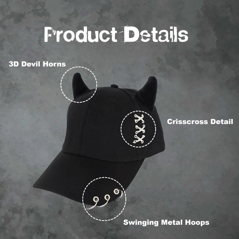 Trendy Adjustable Trucker Hat with Devil Horns, Metal Ring Casual Baseball Cap Women Men, Breathable Cotton K-pop Cap (Black, ONE Size)