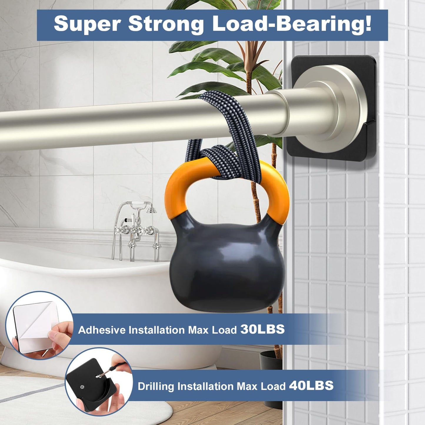 2 Pack Adhesive Shower Rod Holders, Black Transparent Rod Retainer | Never Fall Down Shower Tension Rod Holders for Wall(Rod Not Included)