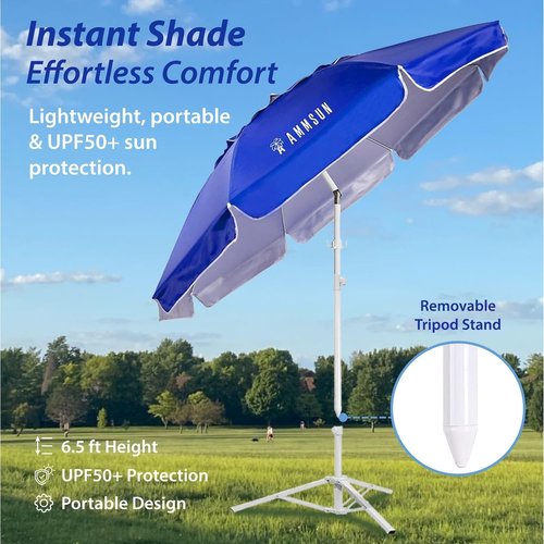 AMMSUN Portable Shade Umbrella - 6.5ft Lightweight Canopy with Adjustable Stand for Easy Sun Protection | Blue