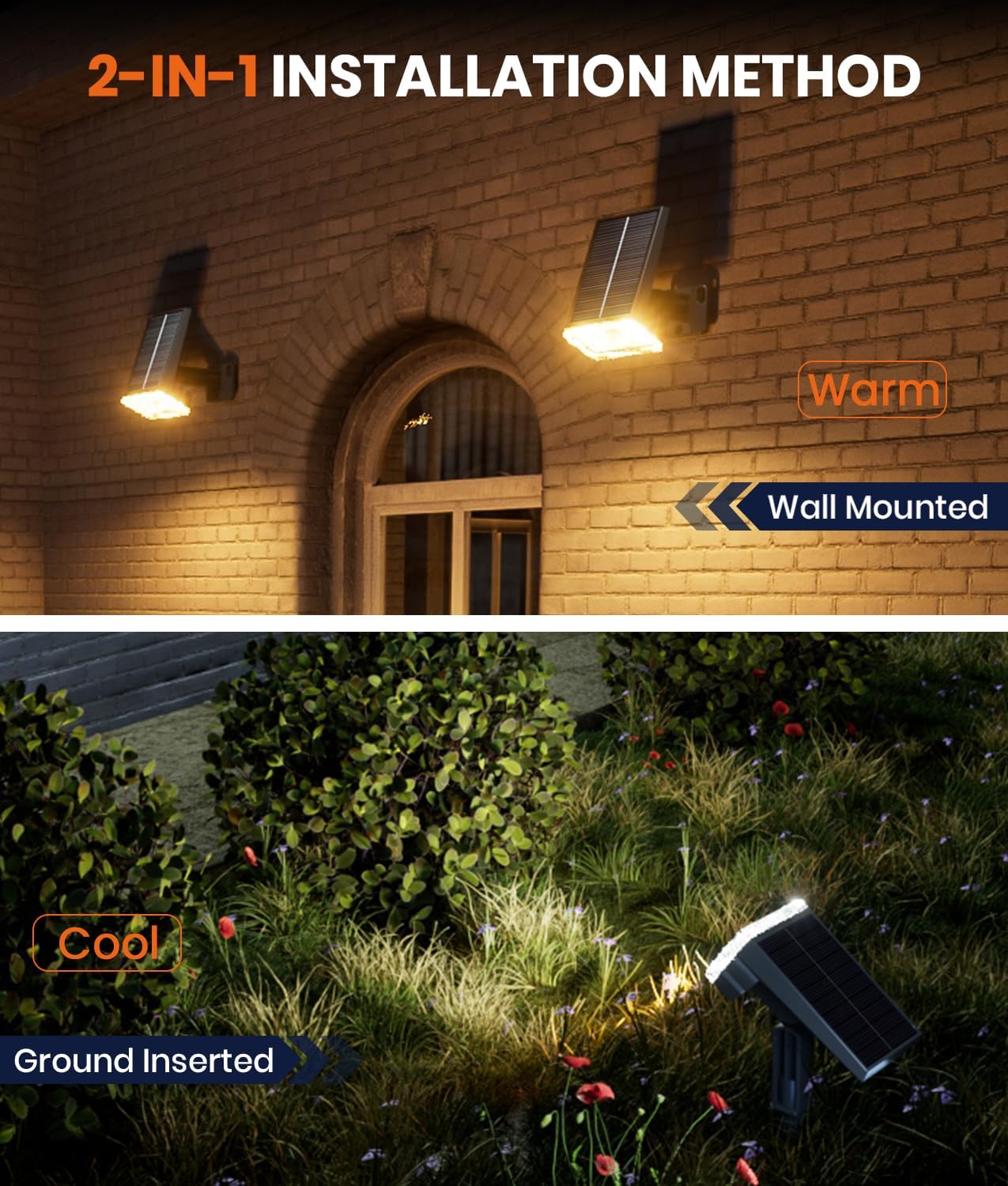 Adjustable Solar Spot Lights Outdoor - 3 Color Modes, IP67 Waterproof, 2-in-1 Wall & Pathway Lighting for Garden, Yard, Patio & Landscape