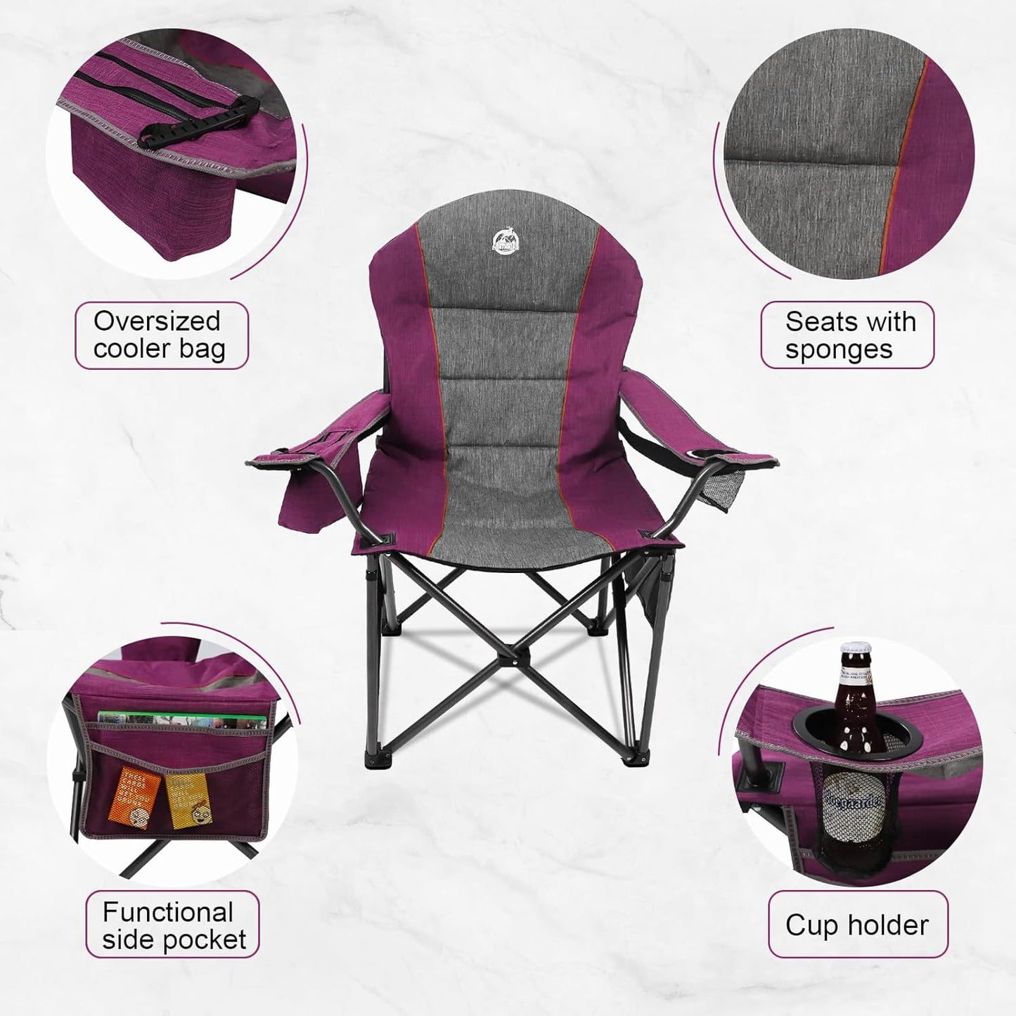 Northroad Oversized Portable Camping Chair - Heavy Duty Folding Chair with Cup Holder & Cooler Bag (Purple)