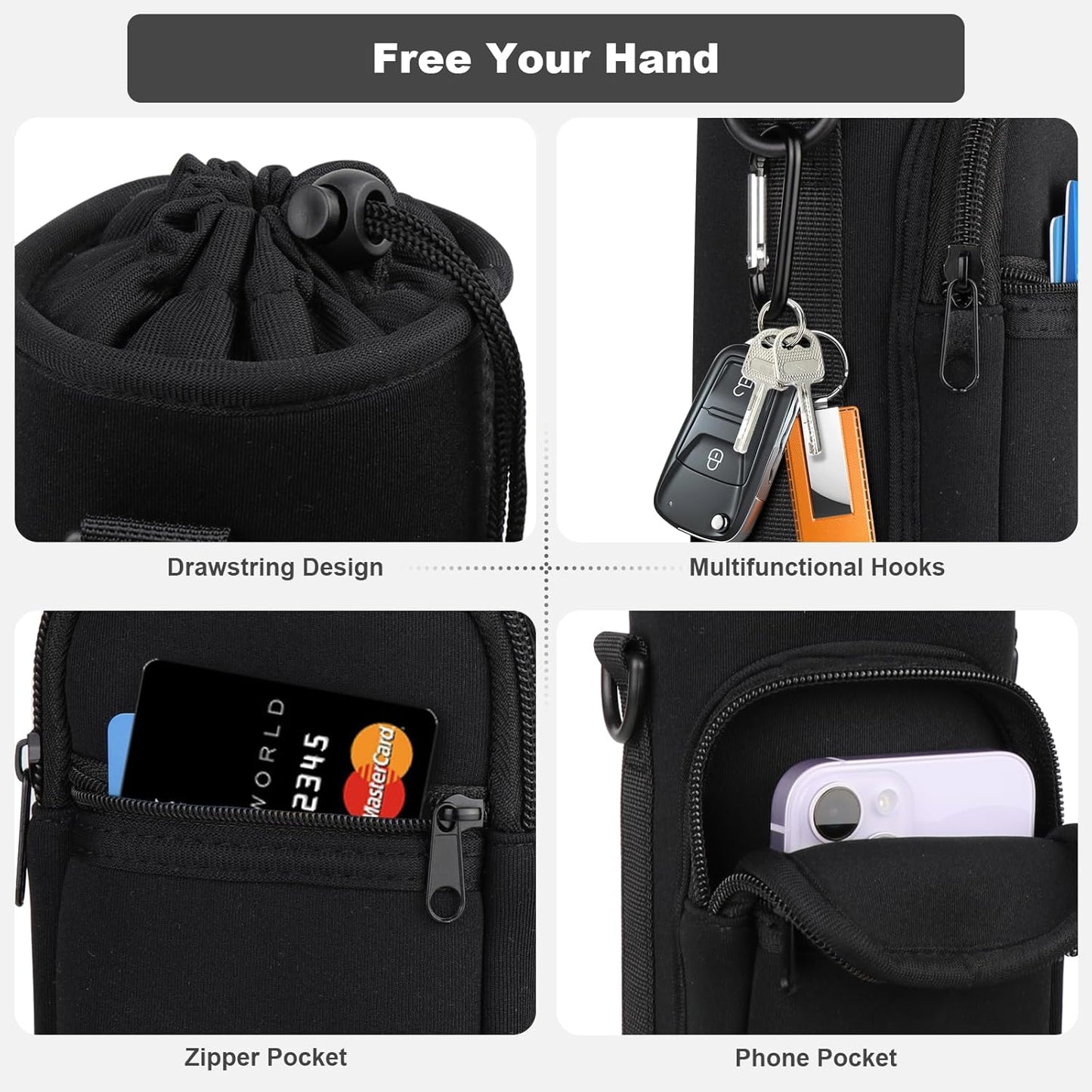 Skiennix Water Bottle Holder - Insulated Neoprene Carrier with Phone Pocket | Fits 32/40 oz for Hiking & Gym