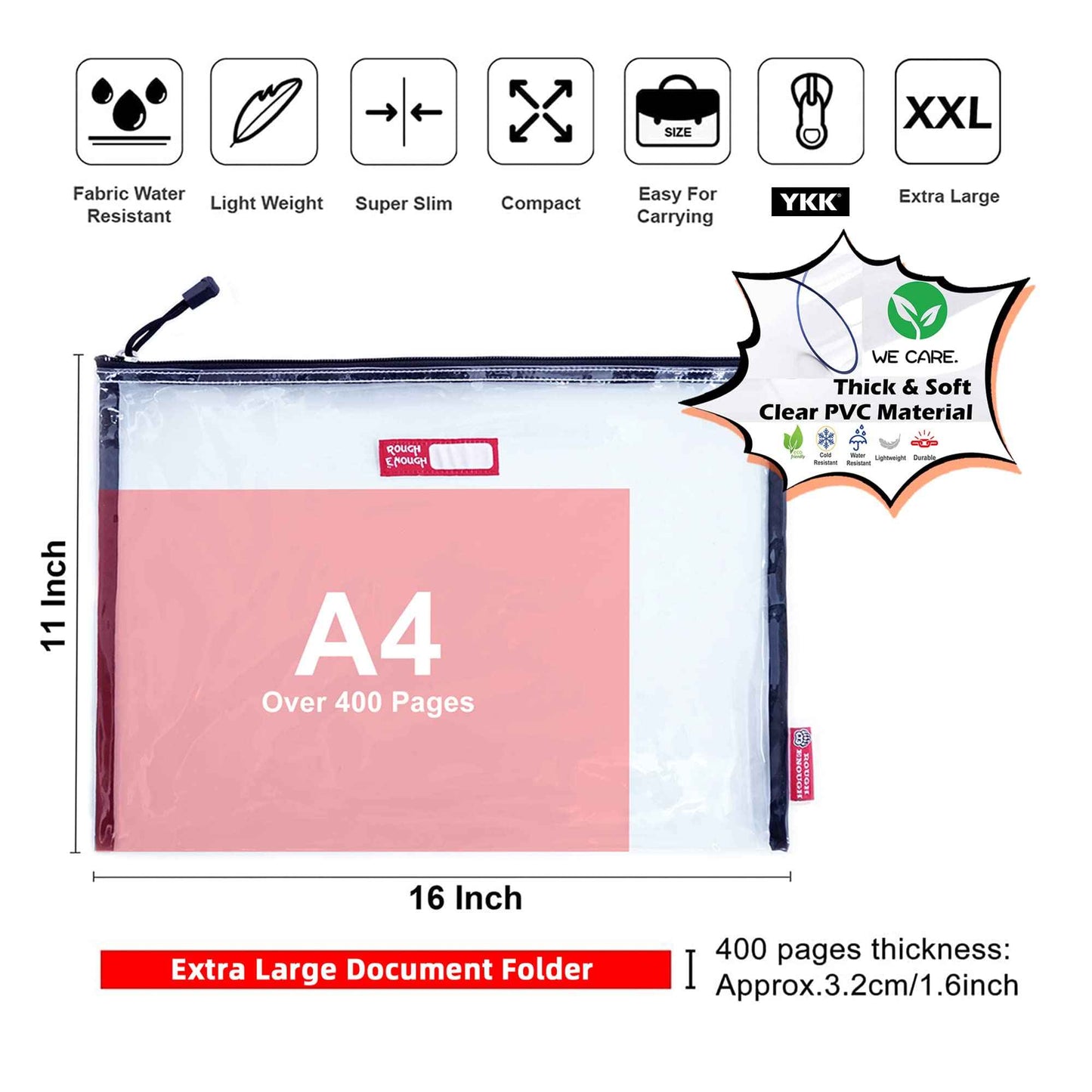 Rough Enough Plastic File Folder Clear Document Holder Bag Zipper Pouches Bags for Organizing A4 Paper Letter Office Teacher Art Supplies Storage