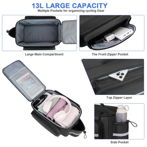MOSISO Bike Rack Bag with Rain Cover, 13L Waterproof Bike Rear Seat Bags Bicycle Trunk Bag with Water Bottle Holder, Cycling Handbag with Reflective Strips&Shoulder Strap for Commuter Travel, Black