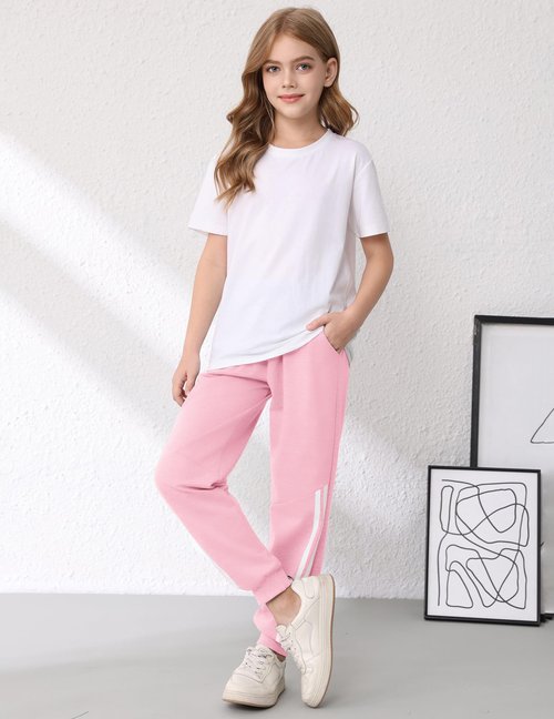 EDFTM Girl Sweatpants Kids Workout Jogger Cotton Casual Active Playwear Pants 3-Pack Pink/Light Gray/Black 5-6 Years