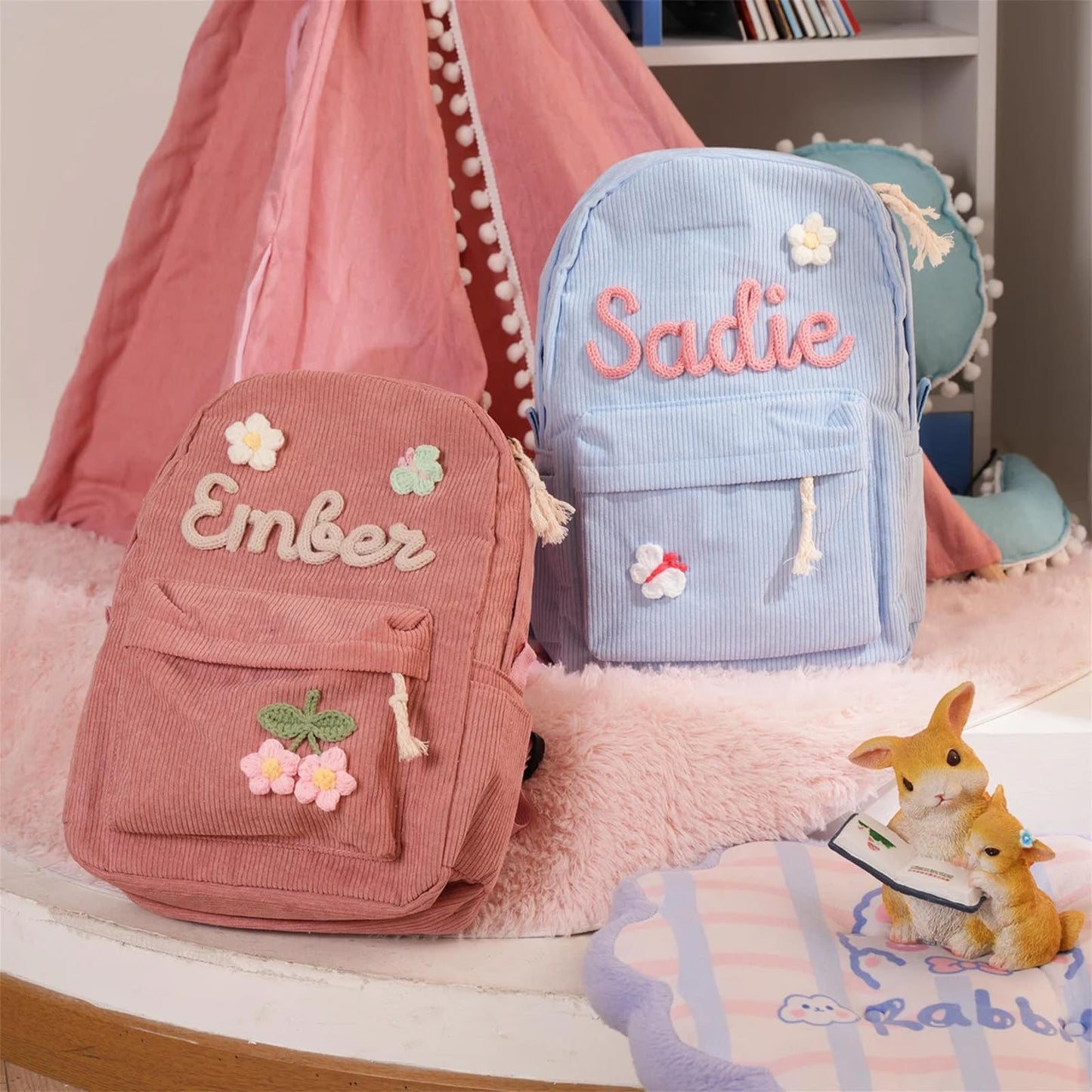 Personalized Backpack for Girls/Boy with Name, Custom Corduroy Backpack with Cotton Rope Woven, Dance/Gymnastics, Back to School Bag, Monogram Book Bag for Kids, Birthday/Christmas Gift, Children Gift