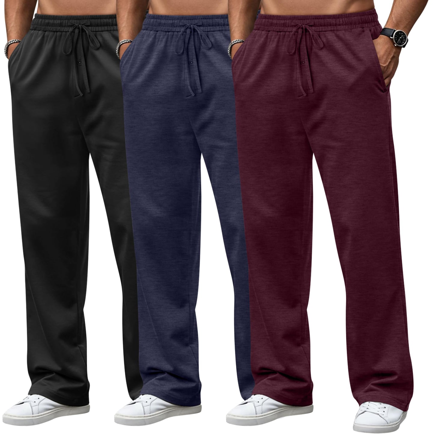 Neer 3 Pack Baggy Sweatpants for Men Knit Lightweight Lounge Pants Straight Leg Pajama Pant with Pocket(M,Black, Dark Grey, Navy Blue)