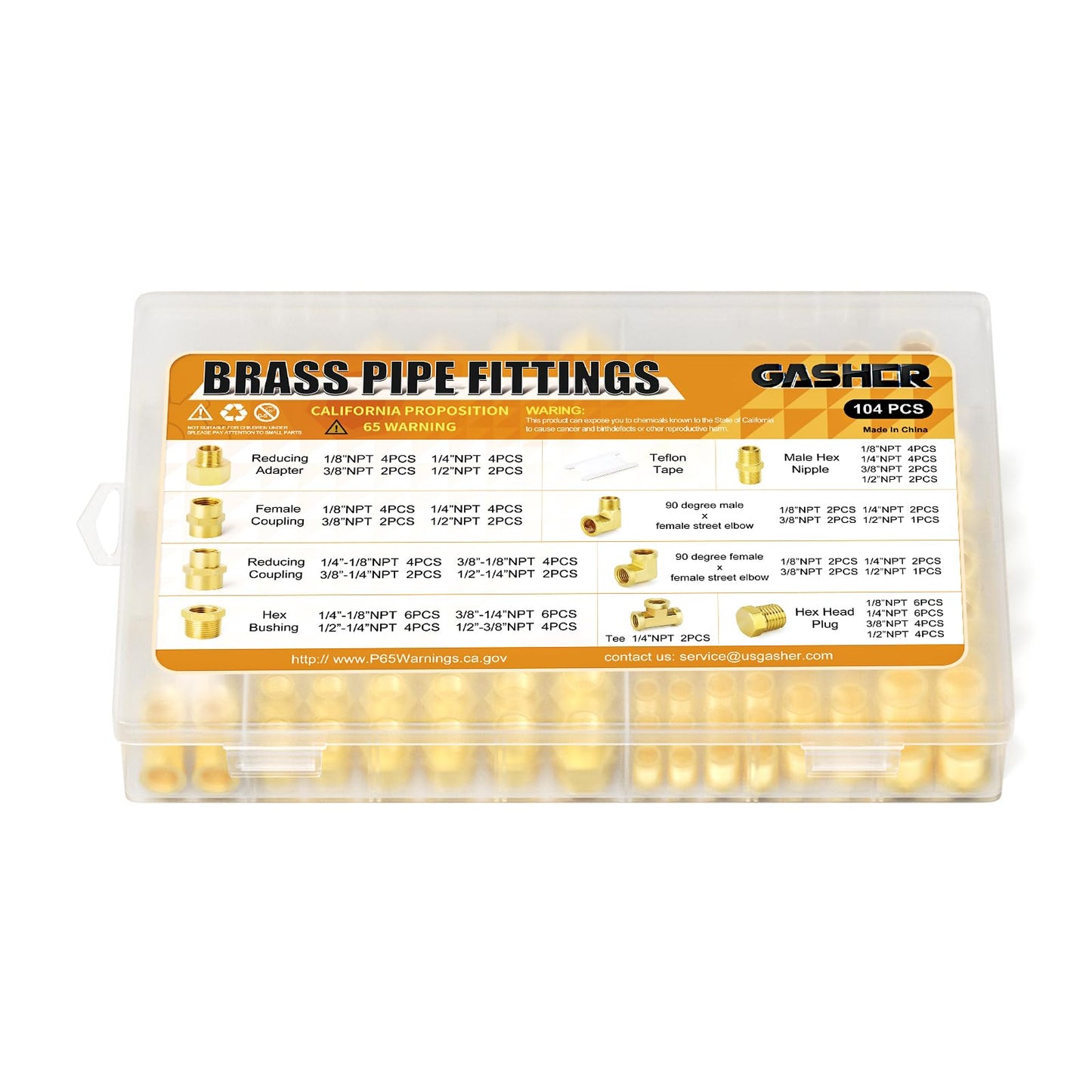 GASHER 104Pcs Brass Pipe Fittings Assortment Kit, Reducing Adapter, Hex Nipple, Female Coupling, Reducing Coupling, 90 Degree Barstock Street Elbow, Hex Bushing, Hex Head Plug and Tee Pipe Fitting