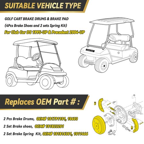 HANGKUNNEE Golf Cart Brake Repair Kit fit Club Car DS 1995-Up and Precedent 2004-Up,Club Car Brake Drums & Brake Pads & Brake Shoes Spring Kit,OEM# 1018163-01,1011466, 1018232-01, 1017911-01