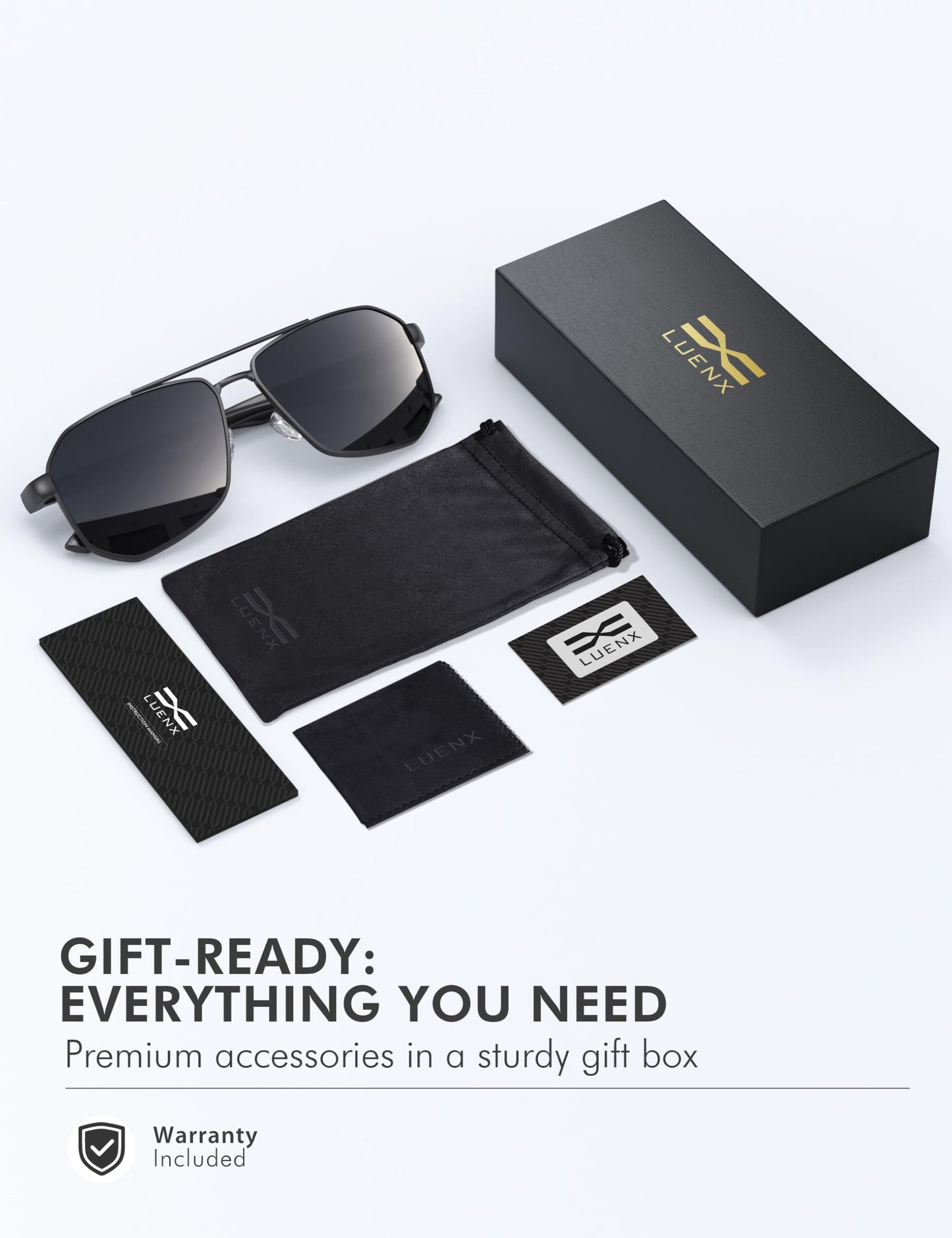 LUENX Aviator Sunglasses for Men Square Polarized Polygon Lens - UV 400 Protection with Accessories Driving Outdoor 61MM Black Lens