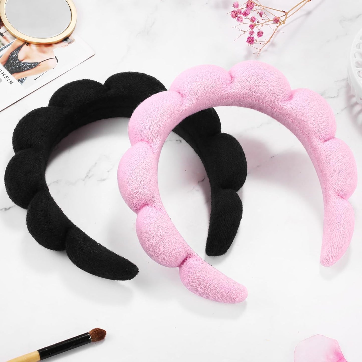 Ztomine Spa Headbands - Set of 2 Terry Cloth Face Washing Headbands for Skincare | Black & Pink