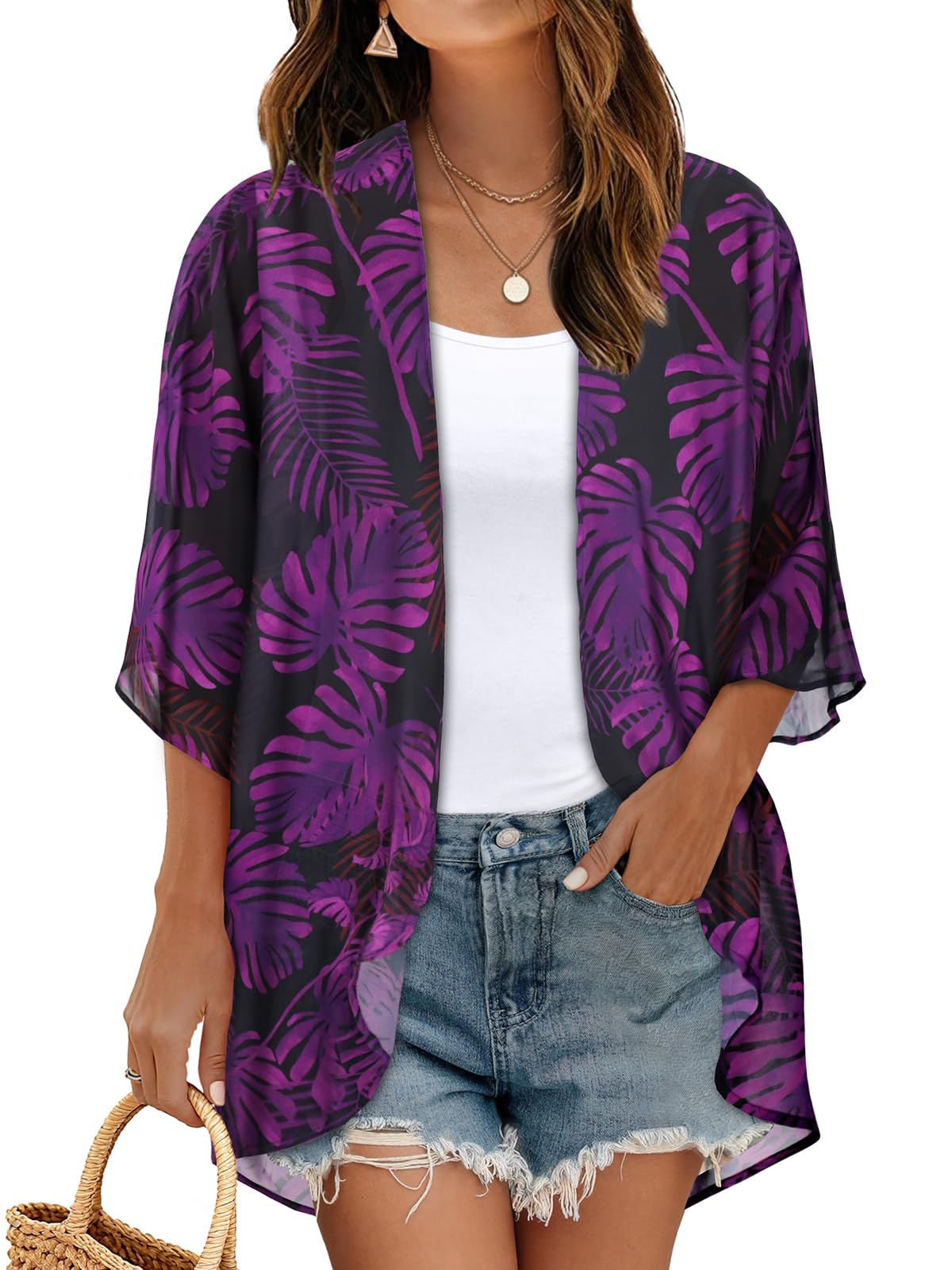 Women's Floral Kimono Print Puff Sleeve Loose Cardigan Cover Up Casual Blouse Tops (Black Purple Leaves, 3XL)
