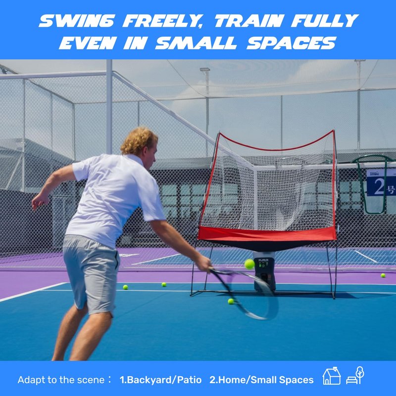 Tennis Training Set with Return Net&PT-Mini Pro Tennis ball launcher — App/Remote Control, 4–6h Battery, 60-Ball Capacity, up to 12 mph, 5-Point Random; Indoor & Solo-Friendly for Beginners and Kids