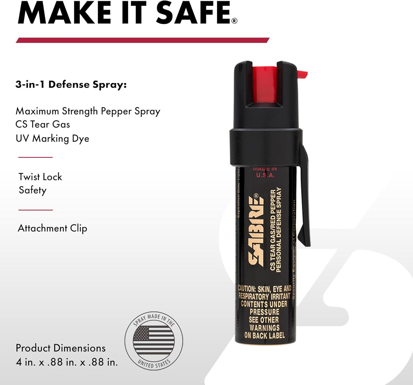 SABRE 3-in-1 Compact Defense Spray - Max Police Strength Pepper Spray, Tear Gas & UV Dye, 0.67 fl oz