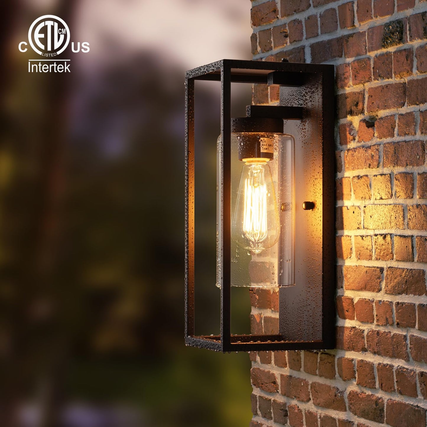 mirrea 14" Dusk to Dawn Outdoor Wall Sconce 1 Light in Cylinder Glass Shade and Matte Black Rectangular Metal Frame Waterproof Porch Light Patio Light Pack of 2
