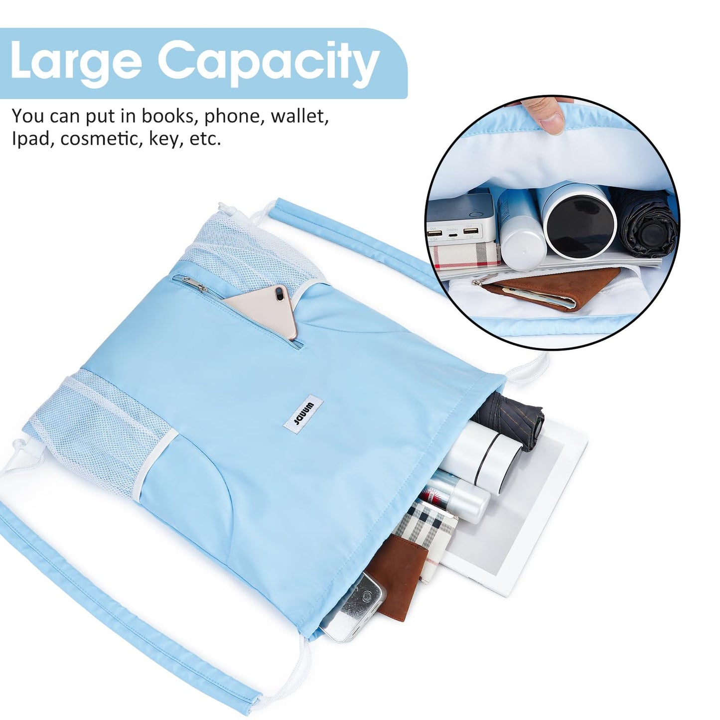 WANDF Drawstring Backpack with Shoulder Pad Sports Gym Backpack with Mesh Pocket String Bag for Women Men(Blue)